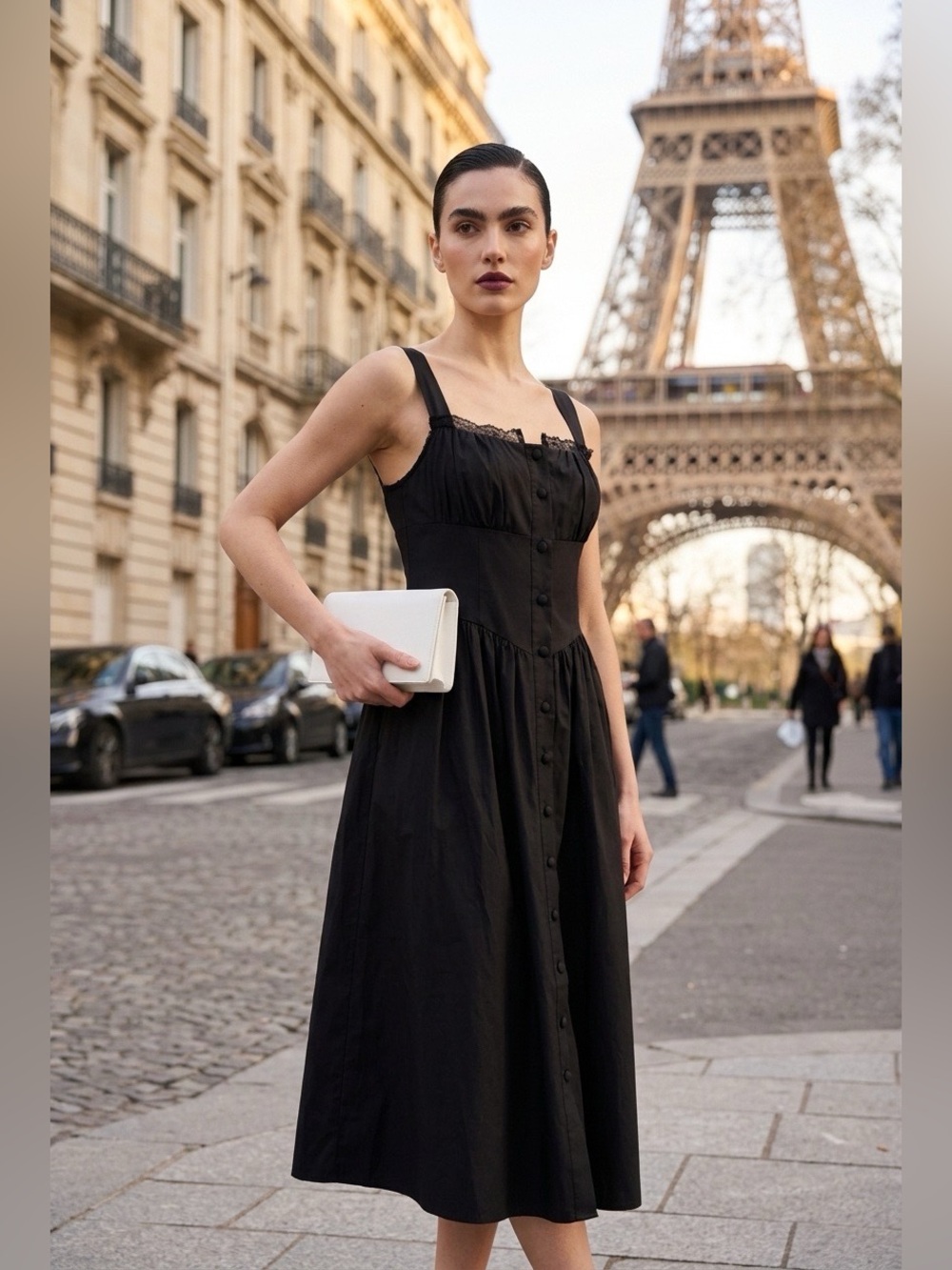 RIHOAS Black Lace Trim Button Front Midi Dress Size Small